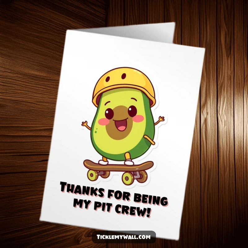 Funny Free Printable Thank You Card: Smiling avocado in a helmet cruises on a skateboard, giving a thumbs up.