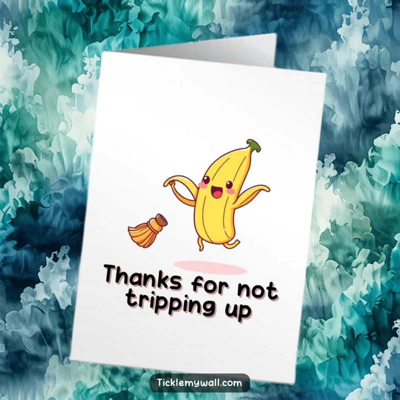 Funny Free Printable Thank You Card: A delighted banana peel dances with a broom.