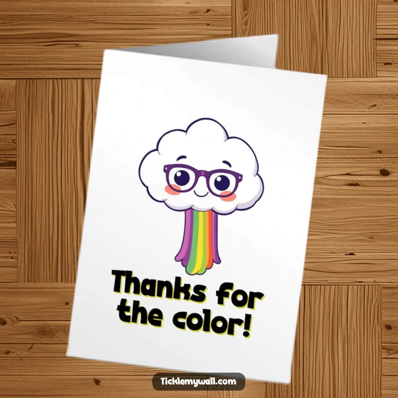 Funny Free Printable Thank You Card of a scholarly cloud with glasses showering a spectacular rainbow of thanks.