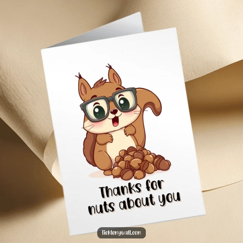 Funny Free Printable Thank You Card: Surprised squirrel wearing large glasses drops a pile of acorns, a funny thank you.