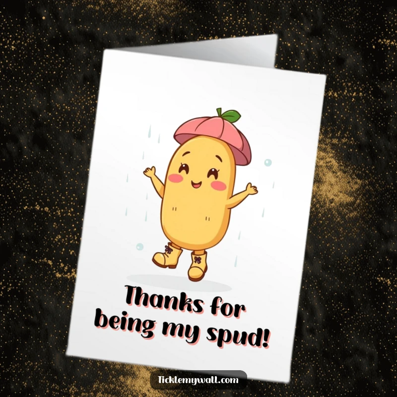 Funny Free Printable Thank You Card: A happy potato wearing boots dances in the rain, a joyful thank you.