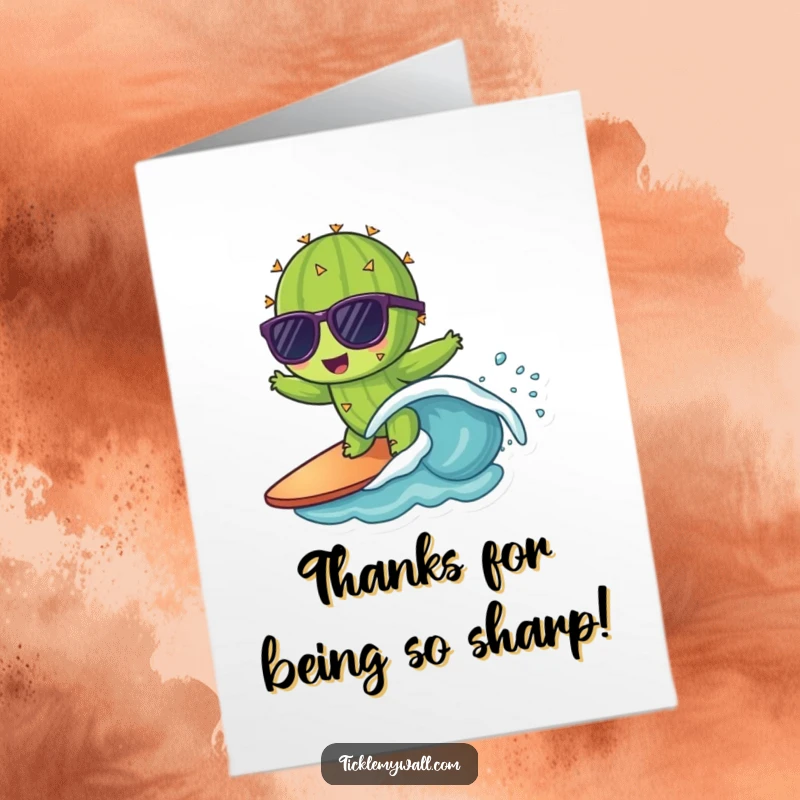 Funny Free Printable Thank You Card: Cool cactus with sunglasses surfing a small wave, perfect for a chill thank you.