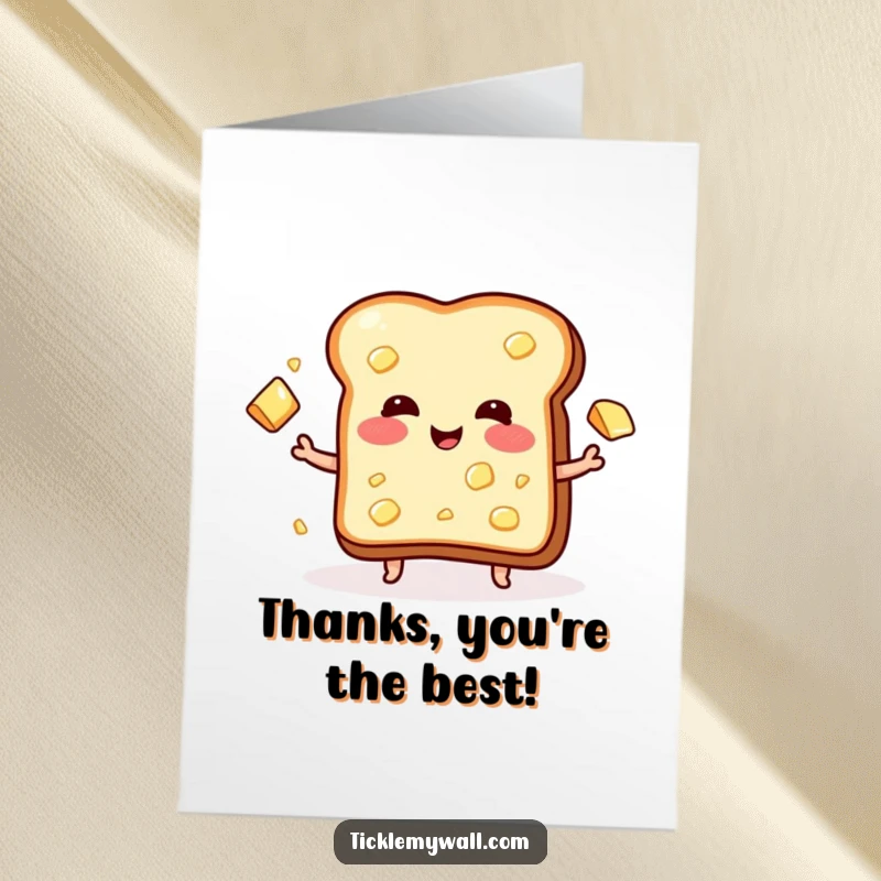 Funny Free Printable Thank You Card: A blushing piece of toast comically juggles butter pats in a grateful gesture.