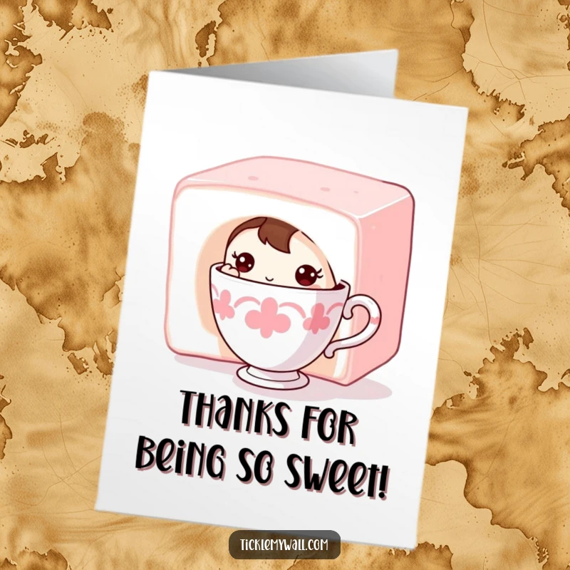 Funny Free Printable Thank You Card with a shy teacup character cautiously observing from behind a massive sugar cube.