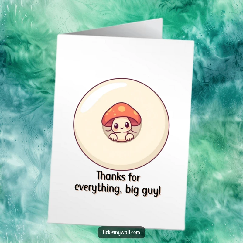 Funny Free Printable Thank You Card: A shy mushroom peeks from behind a friendly smiling button, offering thanks.