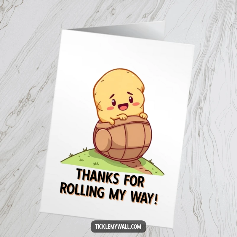 Funny Free Printable Thank You Card: A determined potato in a barrel rolls down a hill, sending thanks.