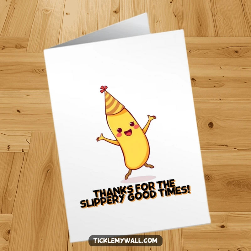 Funny Free Printable Thank You Card: A festive banana wearing a party hat loses its footing on a peel.
