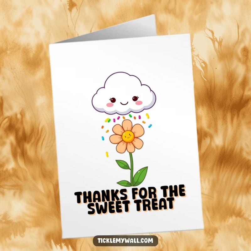 Funny Free Printable Thank You Card depicting a happy cloud raining sprinkles on a beaming flower, a sweet thank you.