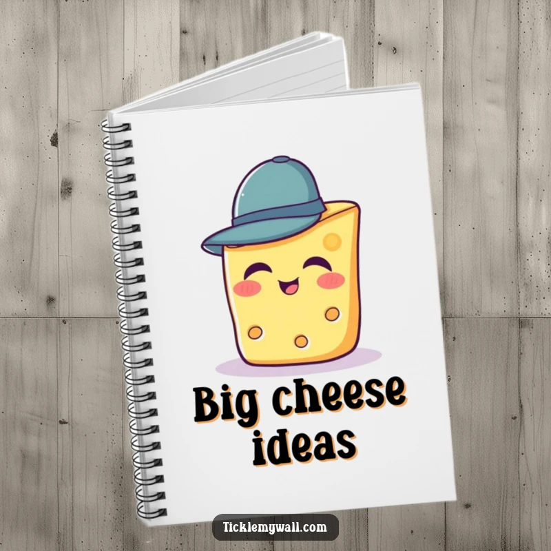 Funny notebook cover with a smiling slice of cheese trying to wear a tiny hat.
