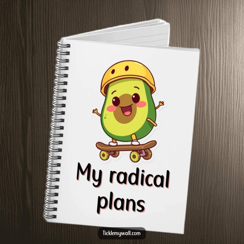 Funny smiling avocado wearing a tiny helmet rides a skateboard with a cool, determined expression on a spiral-bound notebook.