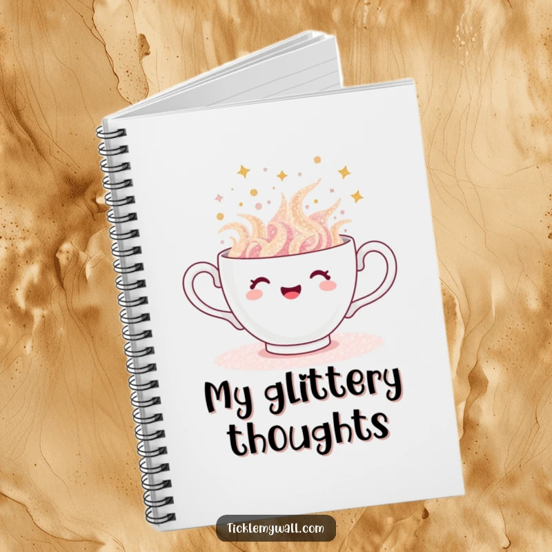 Funny teacup notebook, journal featuring a teacup overflowing with glitter, spilling gleefully, for bright ideas.