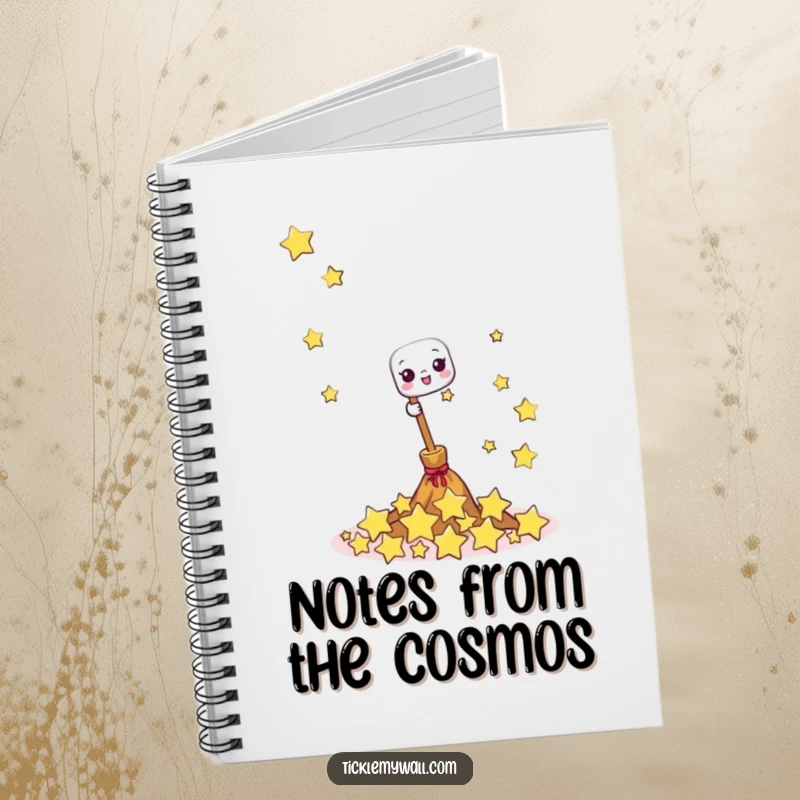 Funny notebook cover illustration of a happy broom sweeping giggling stars, perfect for whimsical note-taking and creative endeavors.