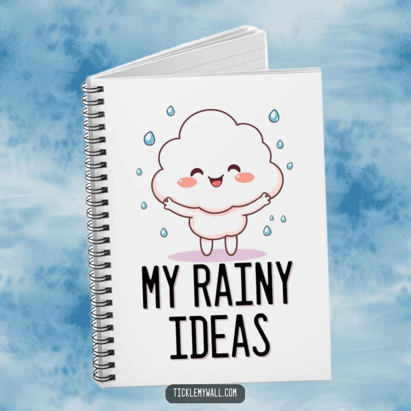 Funny happy cloud character juggling tiny raindrops, on the cover of a humorous notebook for writing.