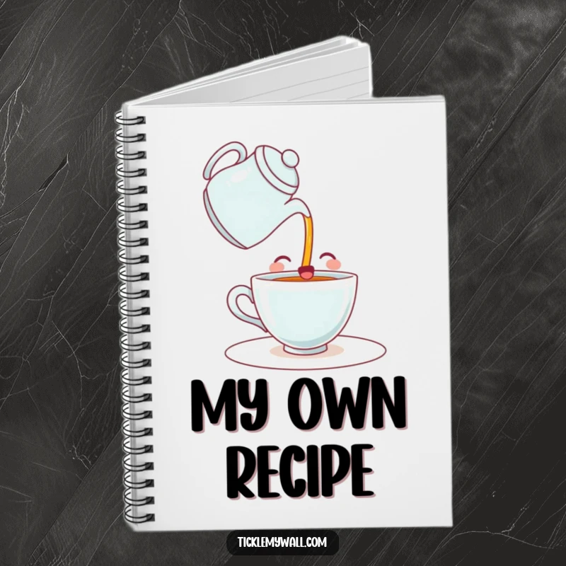 Funny notebook cover with a happy teacup character comically pouring itself a drink from a teapot. For notes, doodles, and beverage lovers.