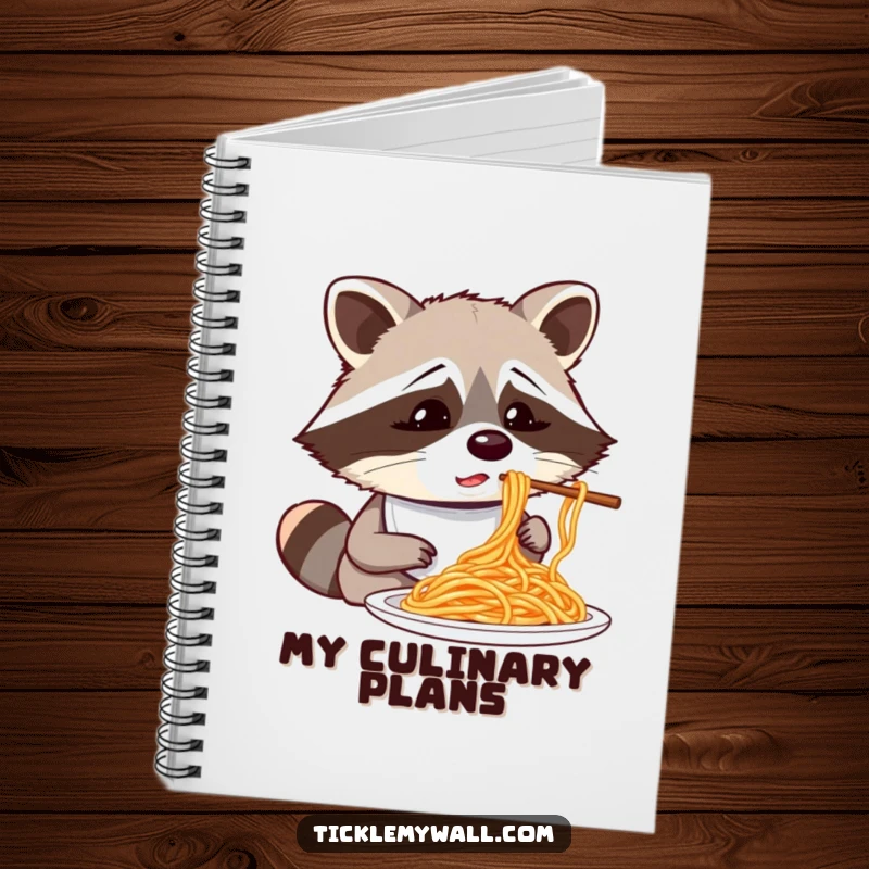 Funny confused raccoon wearing a bib attempting to eat spaghetti with chopsticks, a humorous notebook for writing.