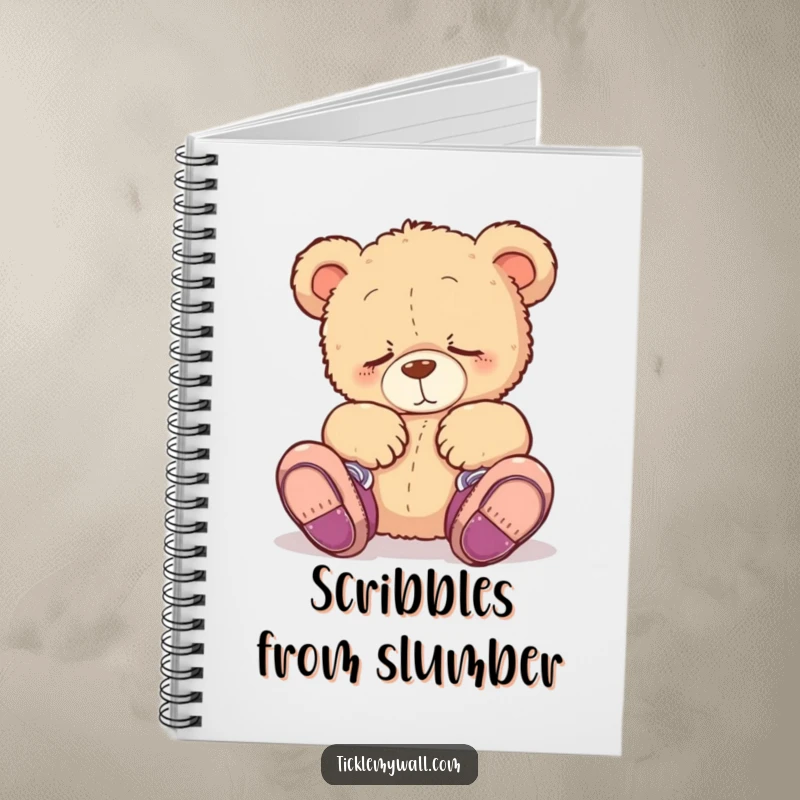 Funny notebook cover showing a sleepy teddy bear adorably wearing shoes on its paws, perfect for humorous journaling and note-taking.