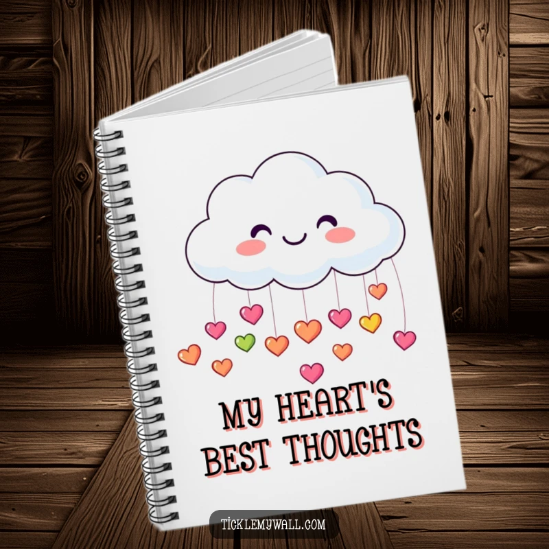 Funny notebook with a cover showing a happy cloud raining small, colorful, bouncing hearts, perfect for writing.