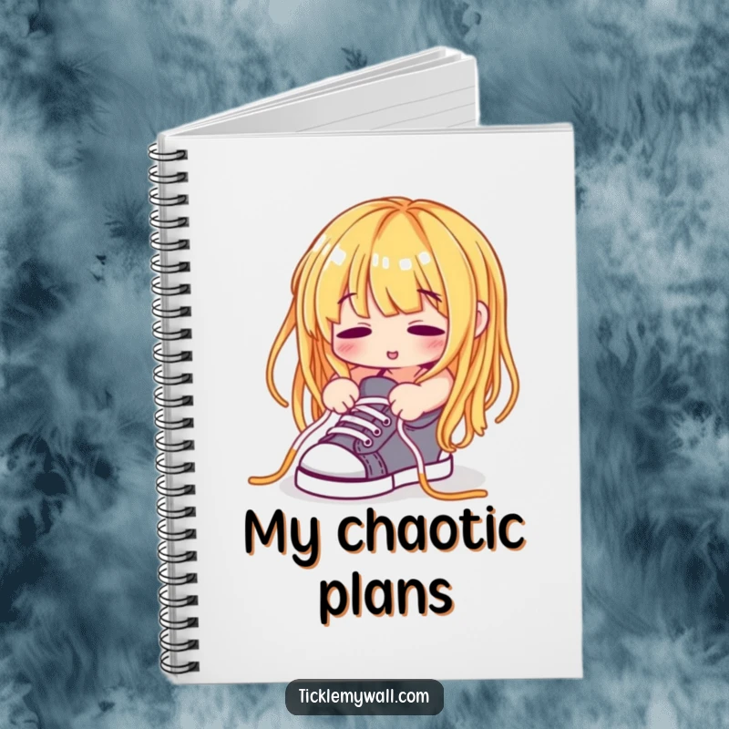 Funny Spaghetti Noodle Notebook, a spaghetti noodle attempting to tie shoelaces, for humorous note-taking.