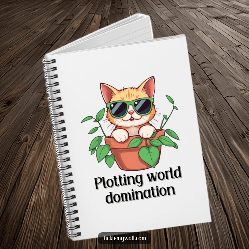 Funny surprised cat wearing oversized sunglasses peeking from a potted plant, on the cover of a humorous notebook for writing.