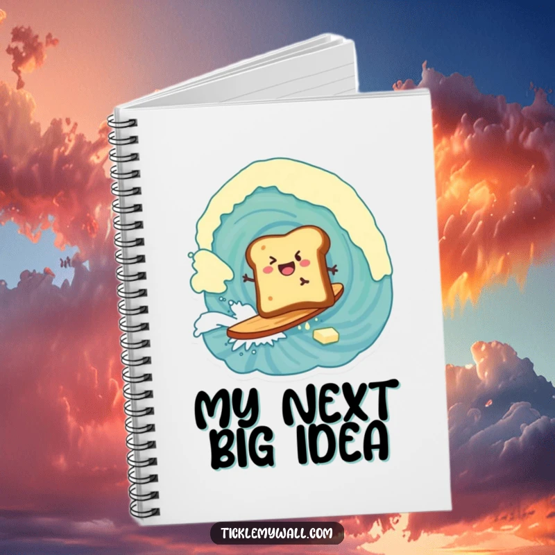 Funny notebook with a piece of toast surfing a large wave of butter, perfect for breakfast lovers.
