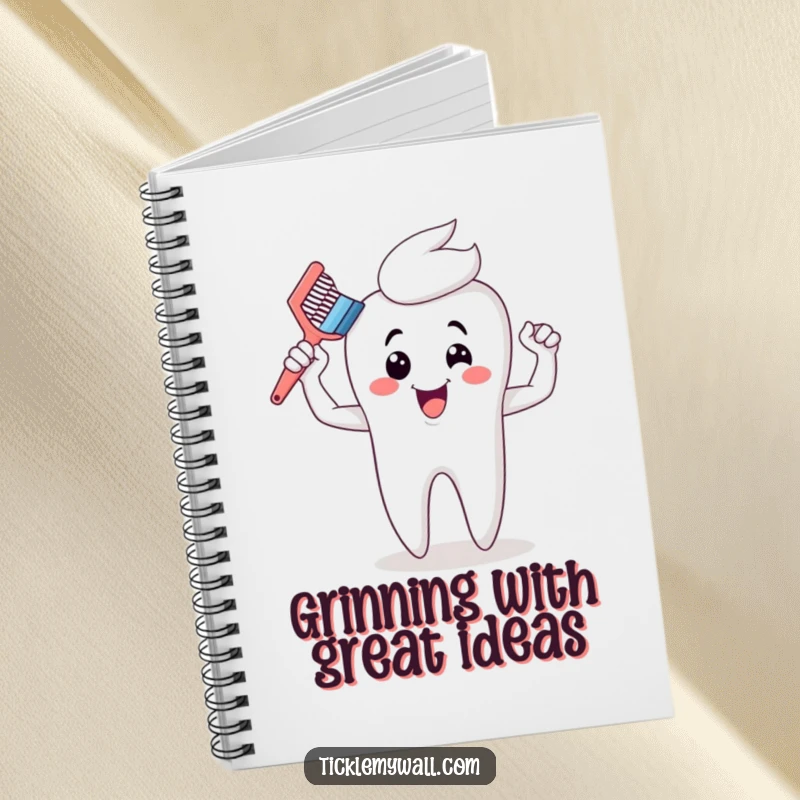 Funny toothbrush notebook with cartoon muscles flexing, celebrating a clean tooth, ideal for jotting down witty thoughts and dental plans.