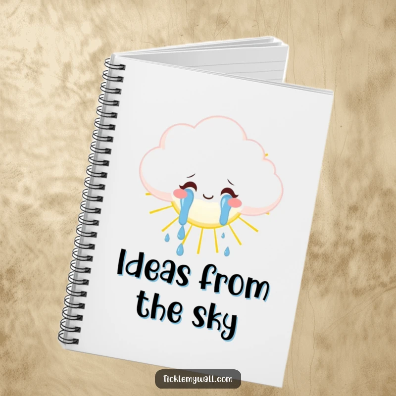 Funny fluffy cloud weeping tears of joy onto a sun, whimsical notebook, for journaling or notes.
