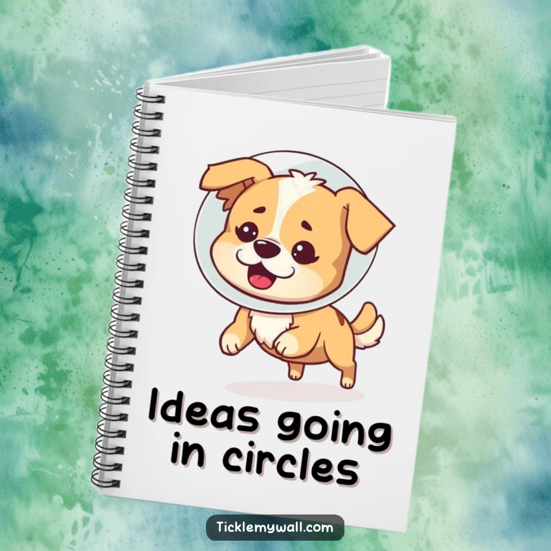 Funny notebook with a cover showing a bewildered dog in a cone of shame comically chasing its tail, ideal for notes and ideas.