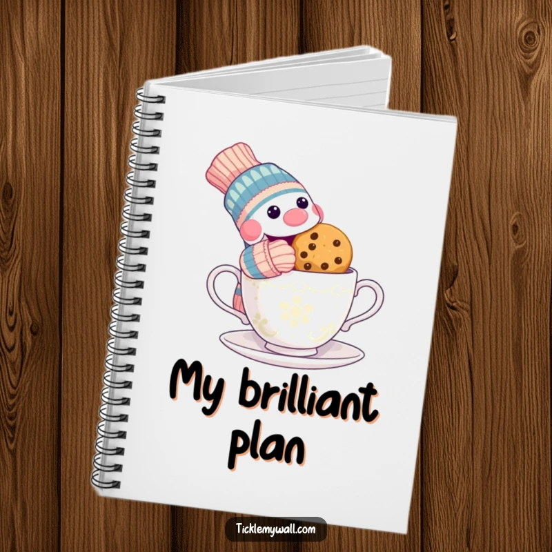 Funny notebook cover featuring a mischievous sock puppet stealing a cookie from a surprised teacup, perfect for humorous note-taking.