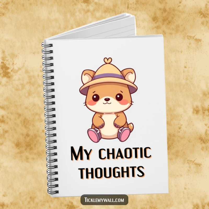 Funny notebook with a delightful animal illustration wearing a hat and comically wearing shoes on its hands.