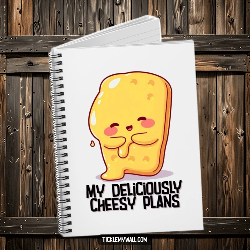 Funny notebook cover with a melted cheese blob hugging a giant cracker, perfect for jotting down recipes and food thoughts.