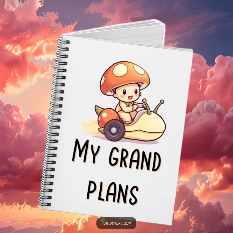 Funny Mushroom Snail Notebook, a tiny mushroom riding a snail like a race car, for humorous note-taking.