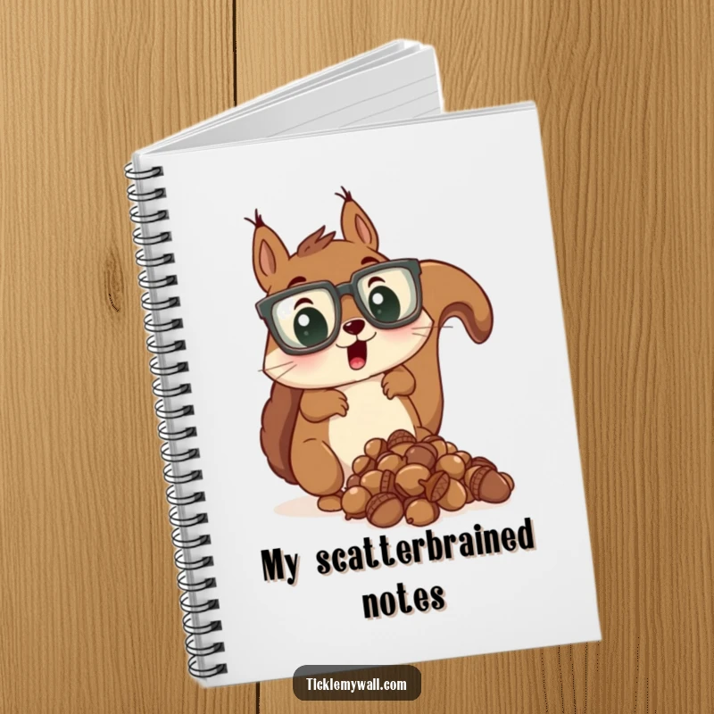 Funny notebook with a surprised squirrel wearing oversized glasses dropping acorns on the cover.