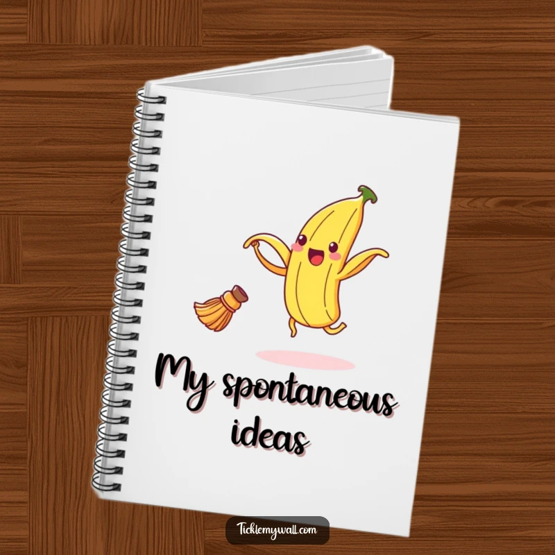 Funny banana peel notebook illustrating a delighted peel dancing with a broom, ideal for notes and creative writing.