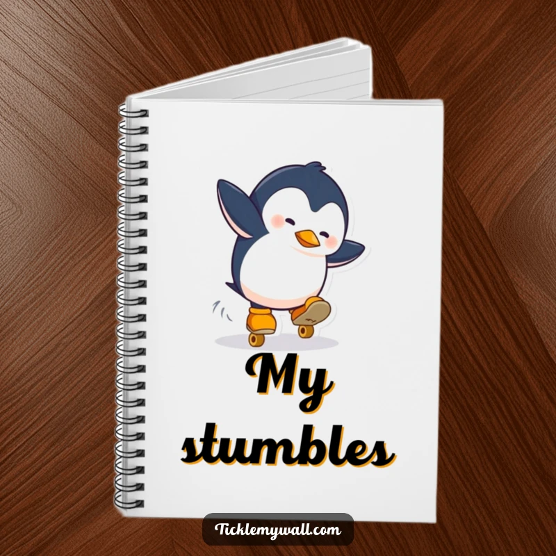 Funny notebook cover with a penguin comically falling on roller skates. Ideal for writing, sketching, or taking notes with a humorous touch.