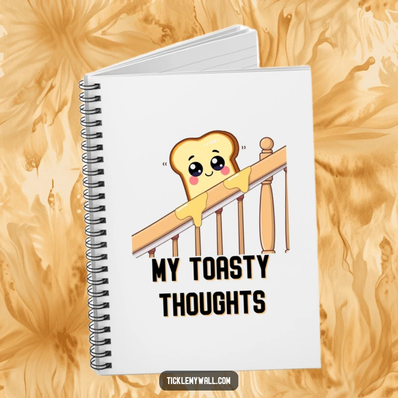 Funny piece of toast with googly eyes sliding down a buttered banister, a humorous notebook for writing.