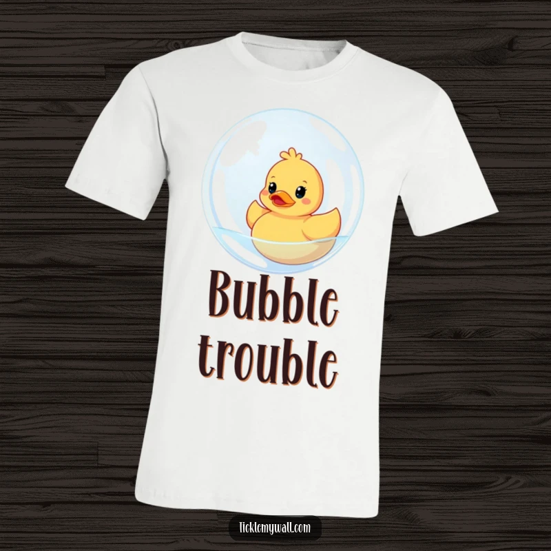 Funny t-shirt featuring a rubber ducky trapped within a giant bubble. A comical illustration of bath time adventures gone hilariously wrong.
