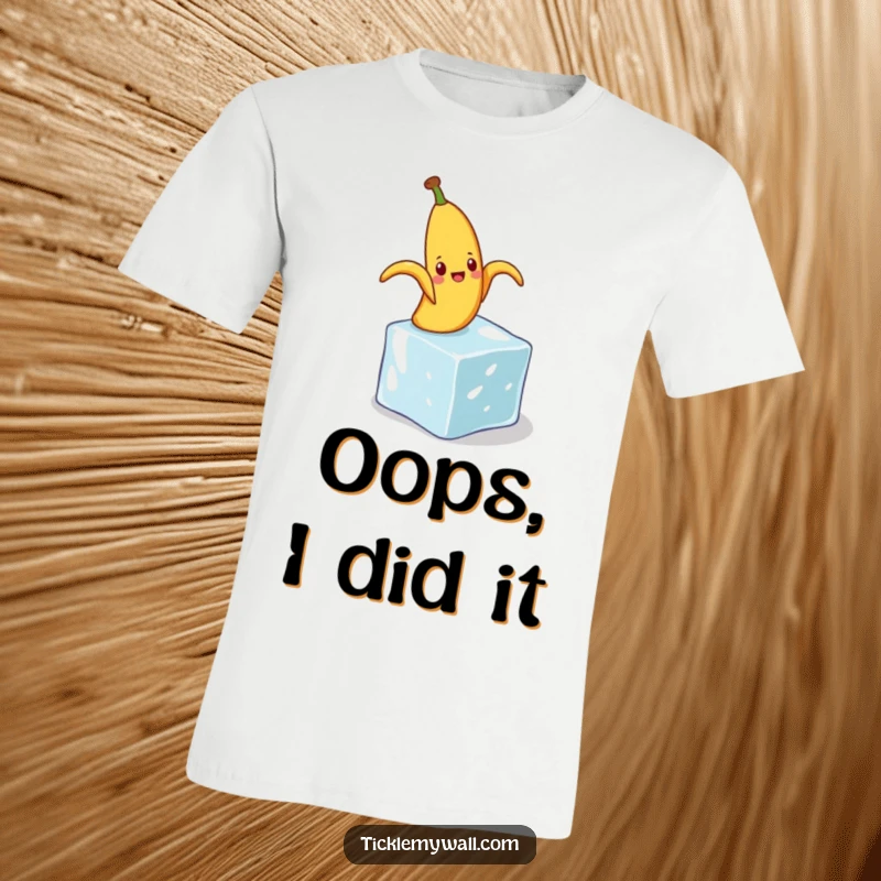 Funny t-shirt with a happy banana peel comically slipping on a tiny ice cube, perfect for slapstick enthusiasts.