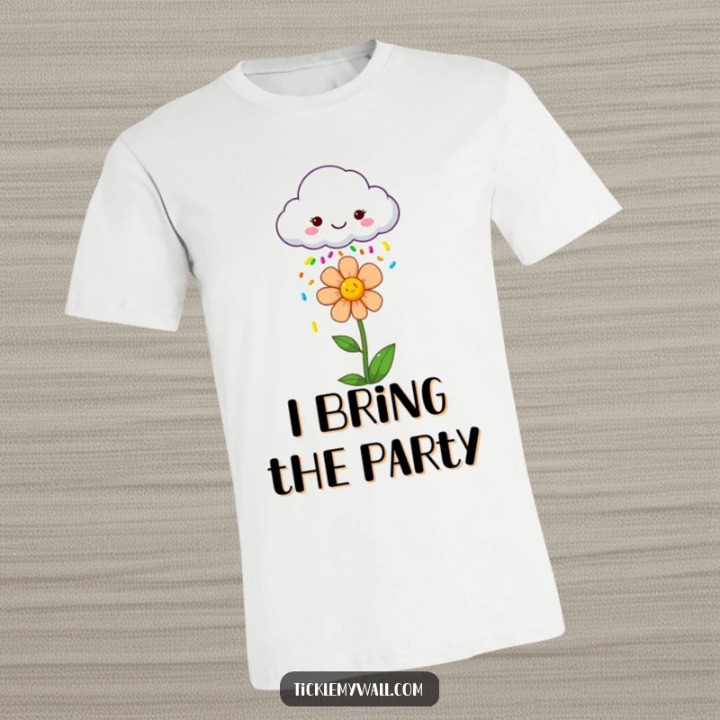Funny t-shirt featuring a beaming cloud showering colorful sprinkles onto a delighted flower, a symbol of happiness.