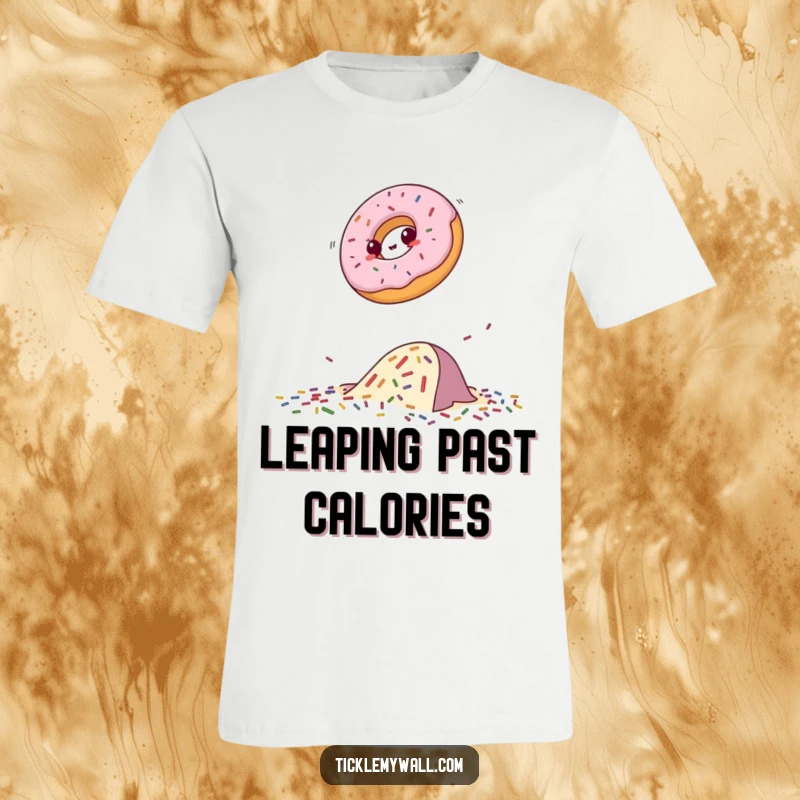 Funny donut t-shirt featuring a determined donut jumping over a pile of scattered sprinkles, illustrating a humorous victory.