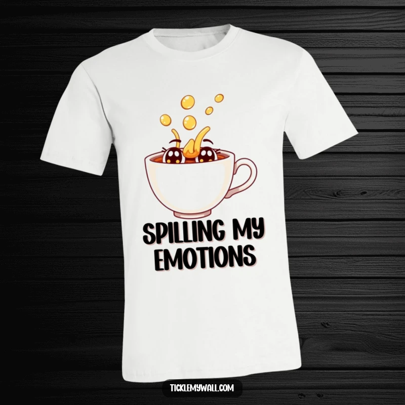 Funny joyful teacup with eyes spilling tea dramatically on a soft cotton t-shirt.