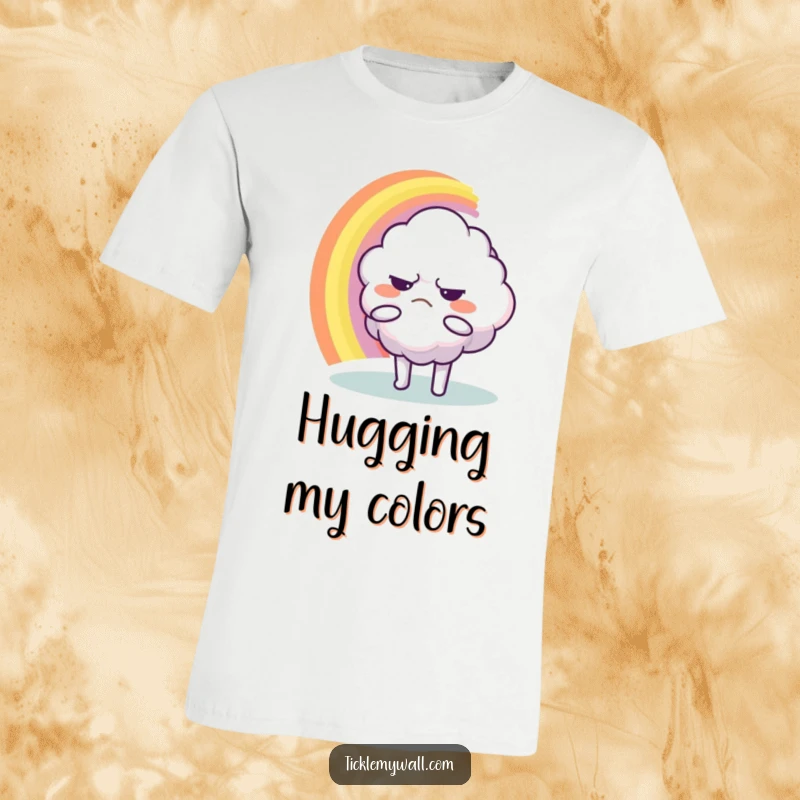Funny T-Shirt: A discontented cloud character making an attempt to embrace a vibrant rainbow, depicting amusing irony.