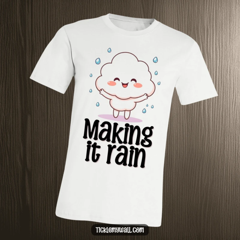 Funny happy cloud character juggling tiny raindrops, printed on a comfortable t-shirt for whimsical weather enjoyment.