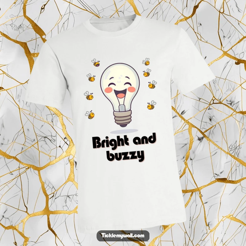 Funny laughing lightbulb juggling tiny buzzing bees on a t-shirt, a humorous design for bright minds.