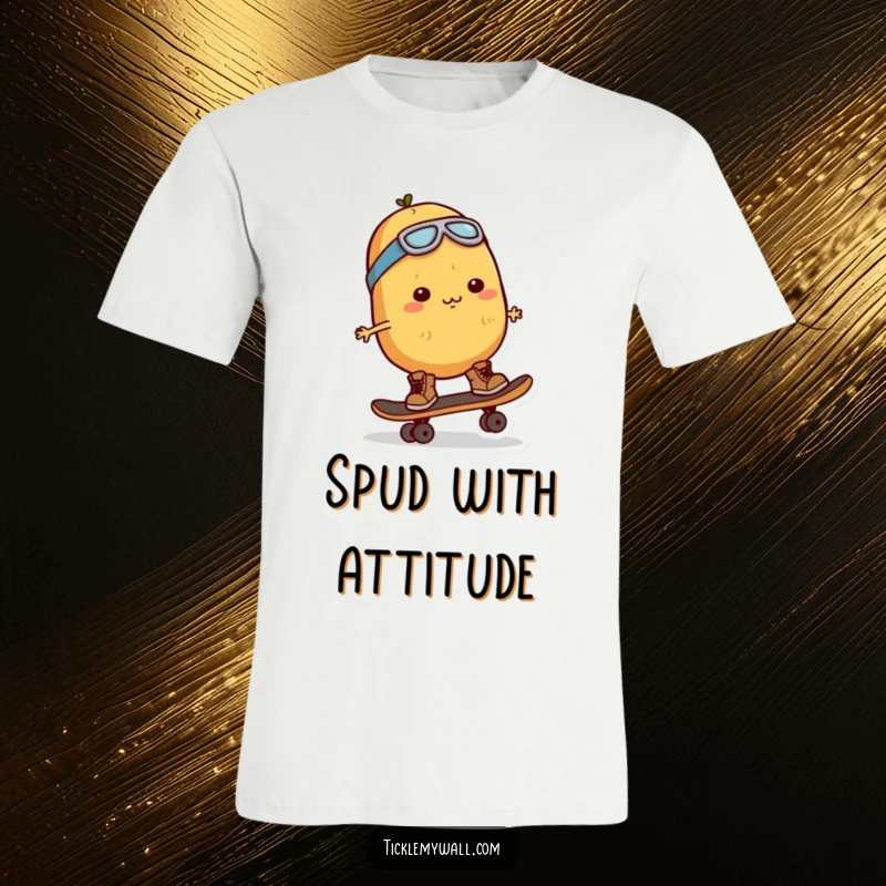 Funny Potato Skater T-Shirt: A determined potato character wearing small boots, riding a skateboard with intense focus.