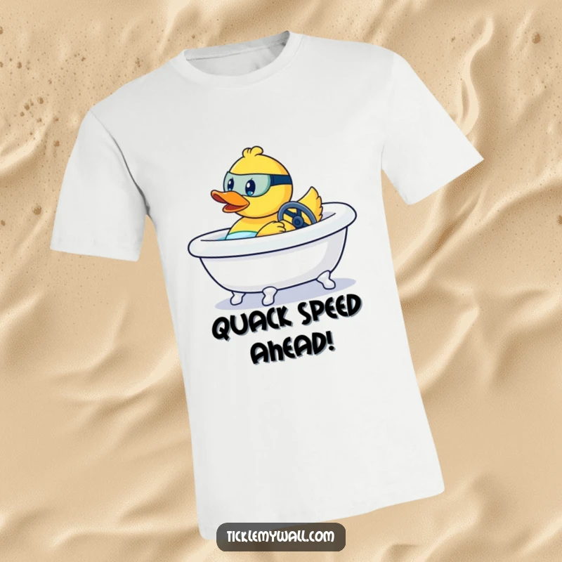 Funny t-shirt with a determined rubber duck aggressively steering a bathtub as if it were a race car.