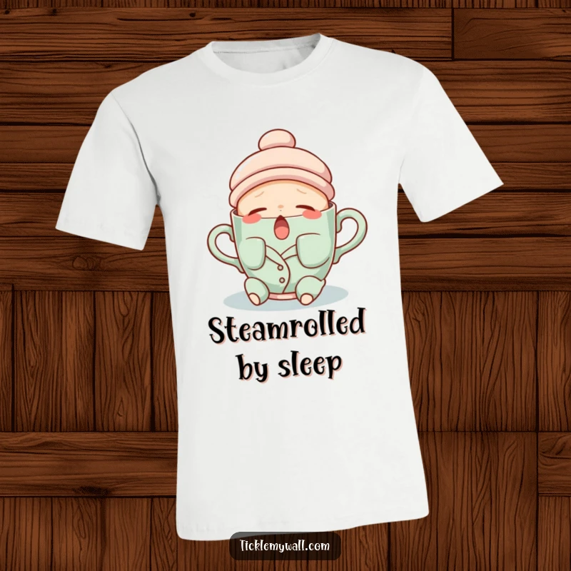 Funny t-shirt featuring a sleepy teacup wearing pajamas and yawning a gentle stream of steam, cozy and cute.