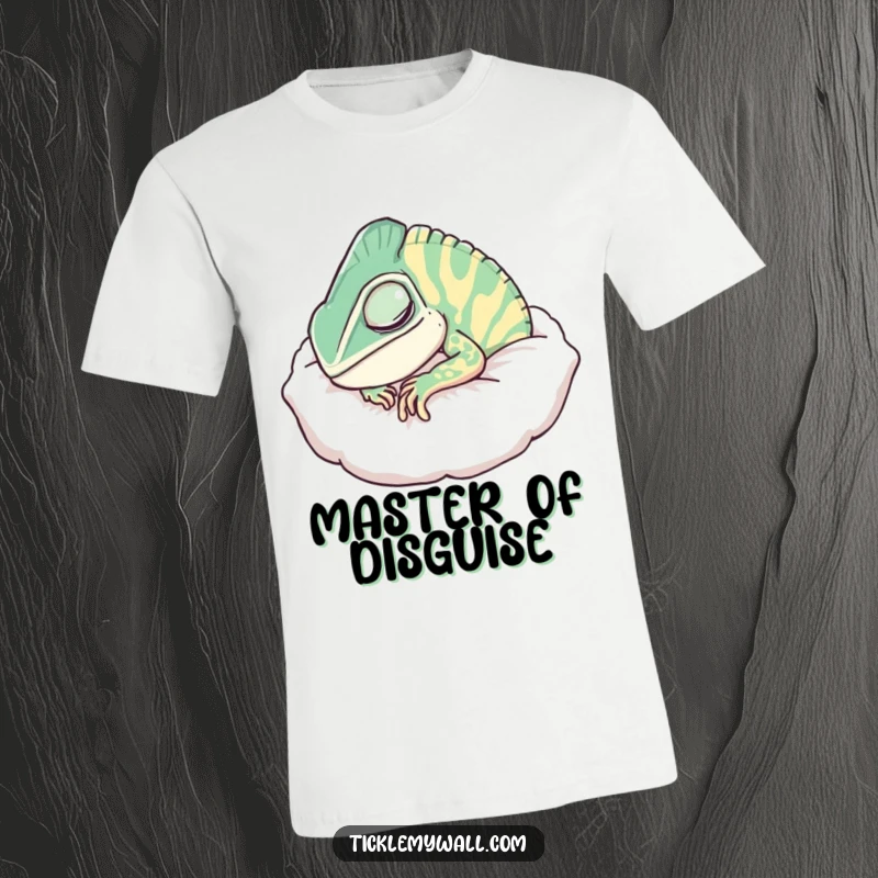Funny Chameleon Pillow T-Shirt, a chameleon pretending to be a soft pillow while snoring, ideal comfy apparel.