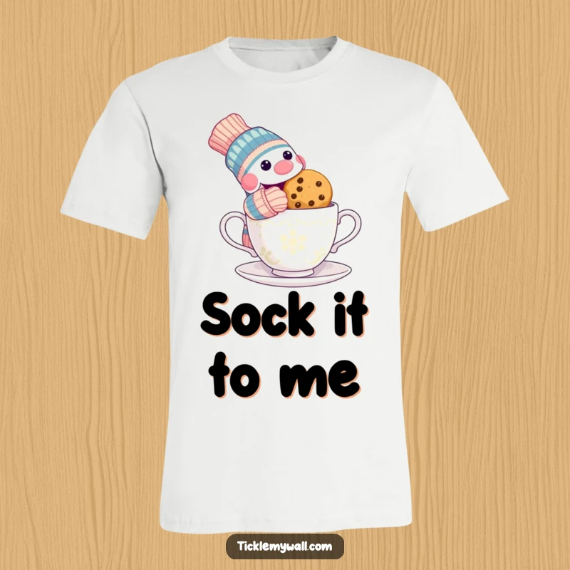 Funny t-shirt featuring a mischievous sock puppet snatching a cookie from a surprised teacup, a humorous and playful design.
