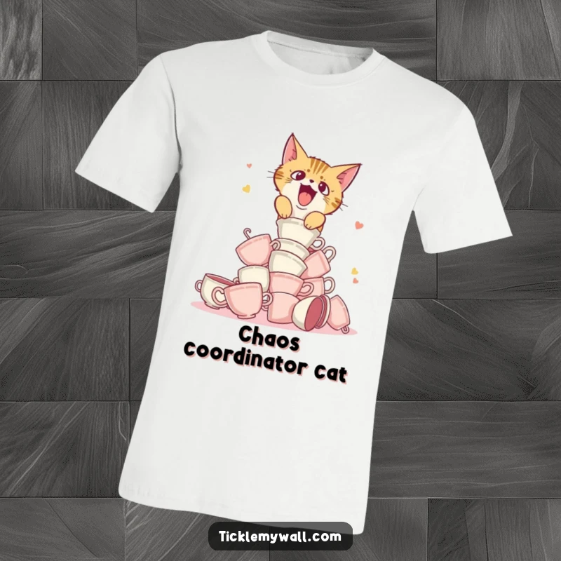Funny T-shirt graphic of a startled cat accidentally knocking over a stack of teacups, eyes wide with surprise.