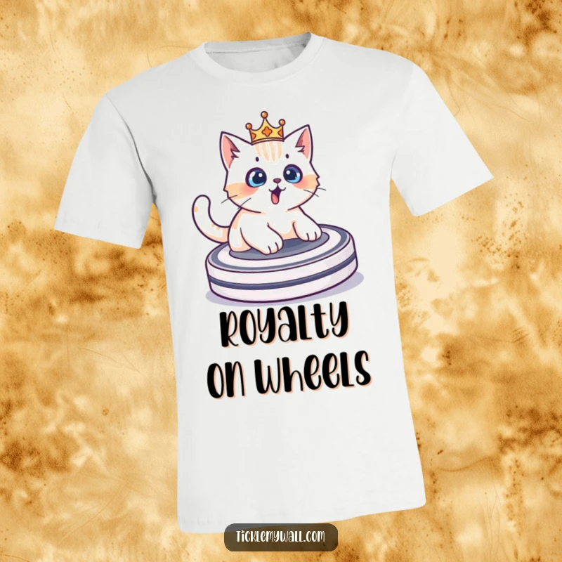 Funny surprised cat wearing a crown attempting to ride a Roomba, a hilarious graphic tee for pet lovers.